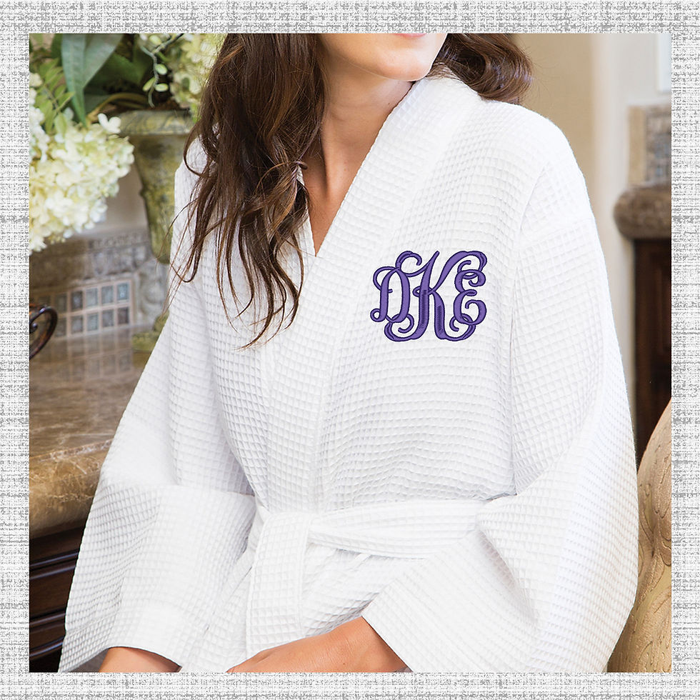 Image of Women wearing Waffle Weave robe with monogram by Tailor and Blake