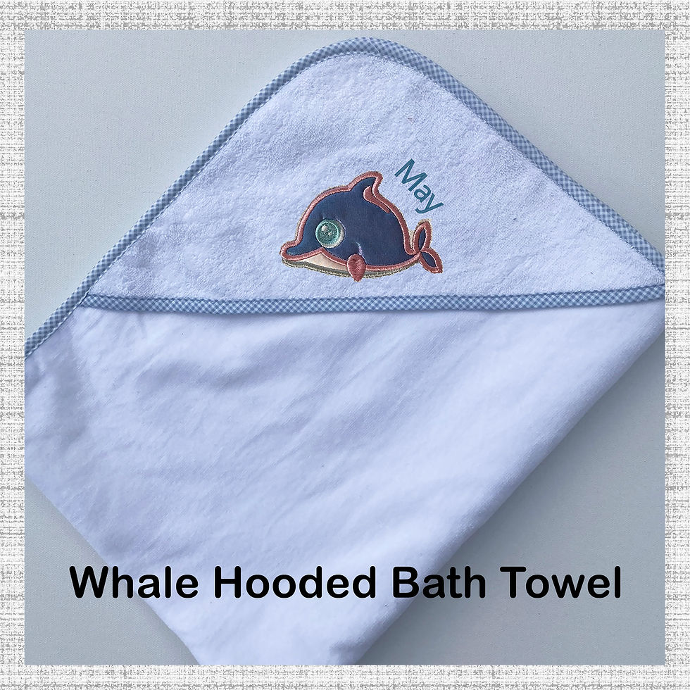 Image of Blue trimmed embroidered hooded bath towel with Whale applique